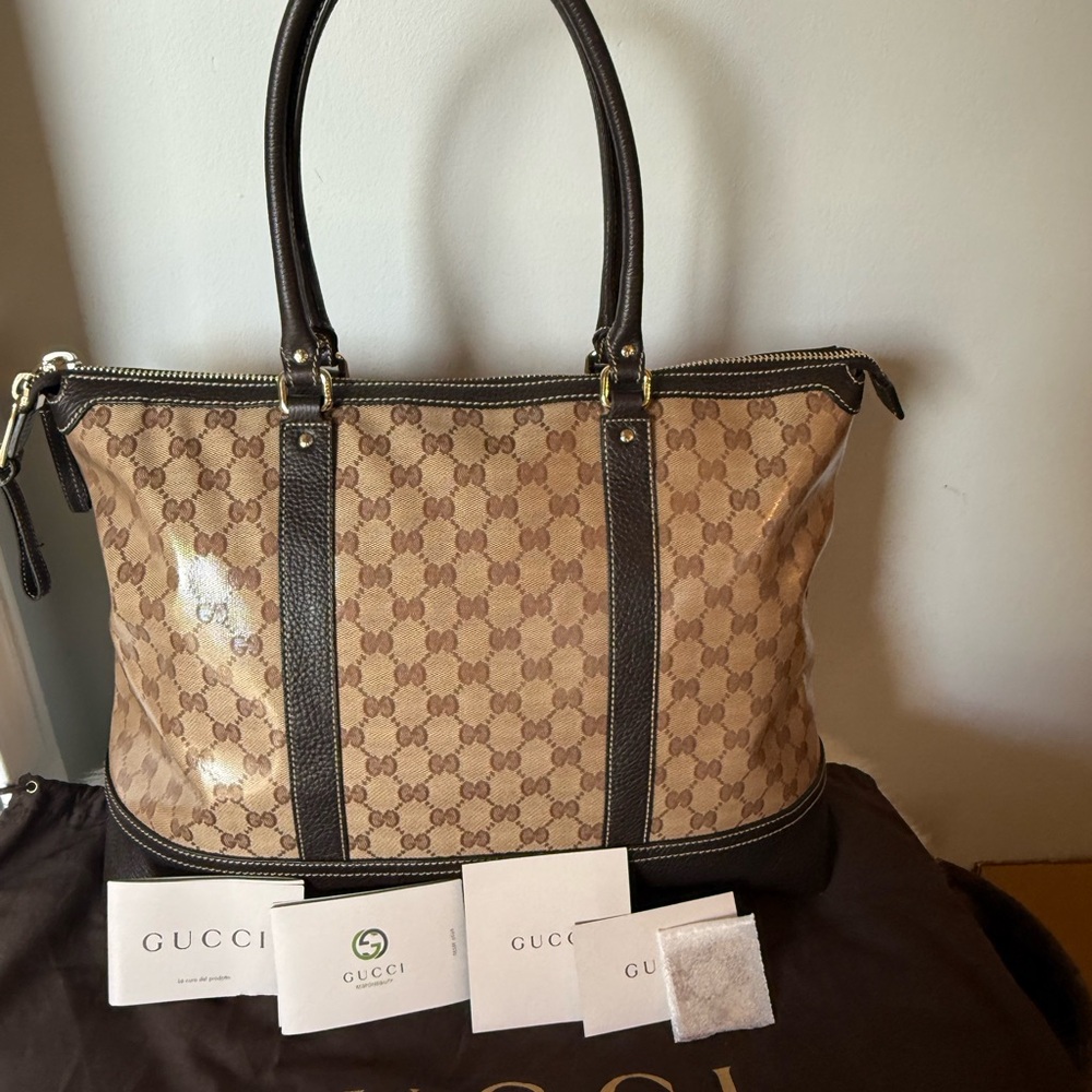 Authentic Gucci GG Supreme Tote Bag Beige Brown Canvas Leather